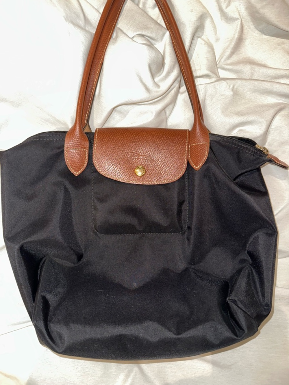 Longchamp Black Nylon Tote with Brown Leather Handles